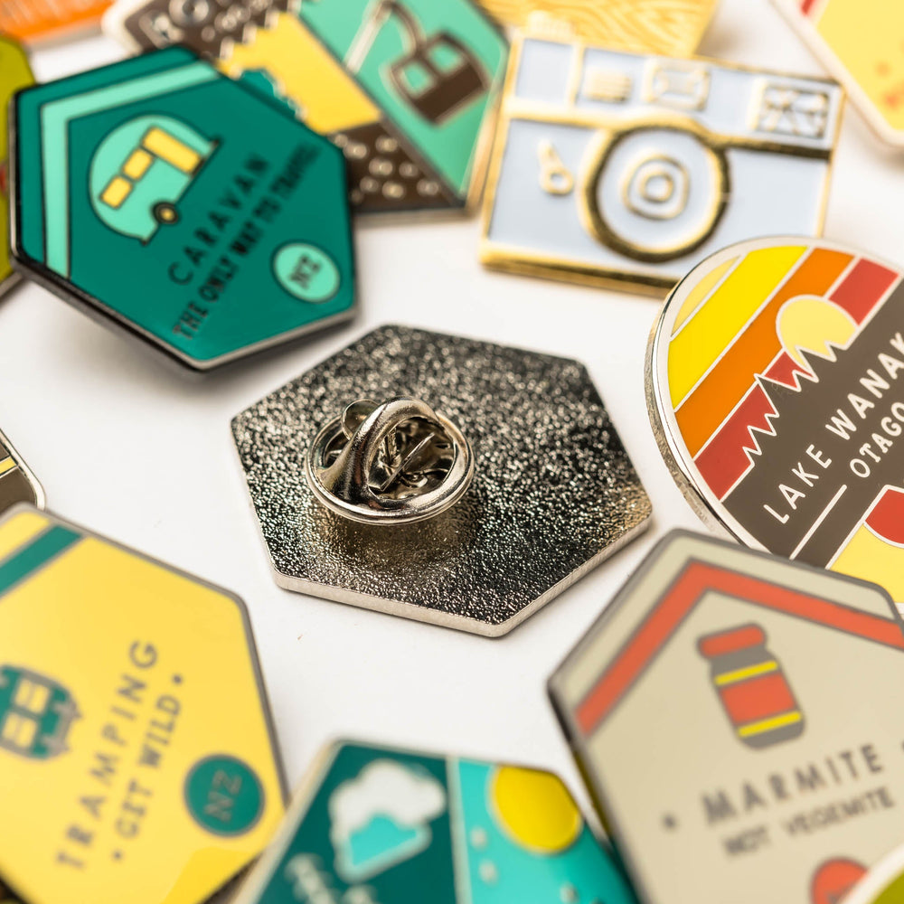 Close up of enamel pins